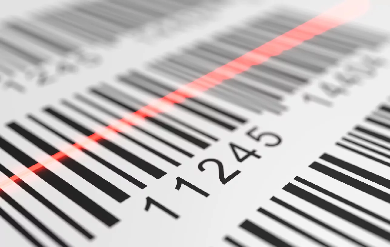 close up view on red laser is scanning label with barcode on product. 3d rendered illustration.